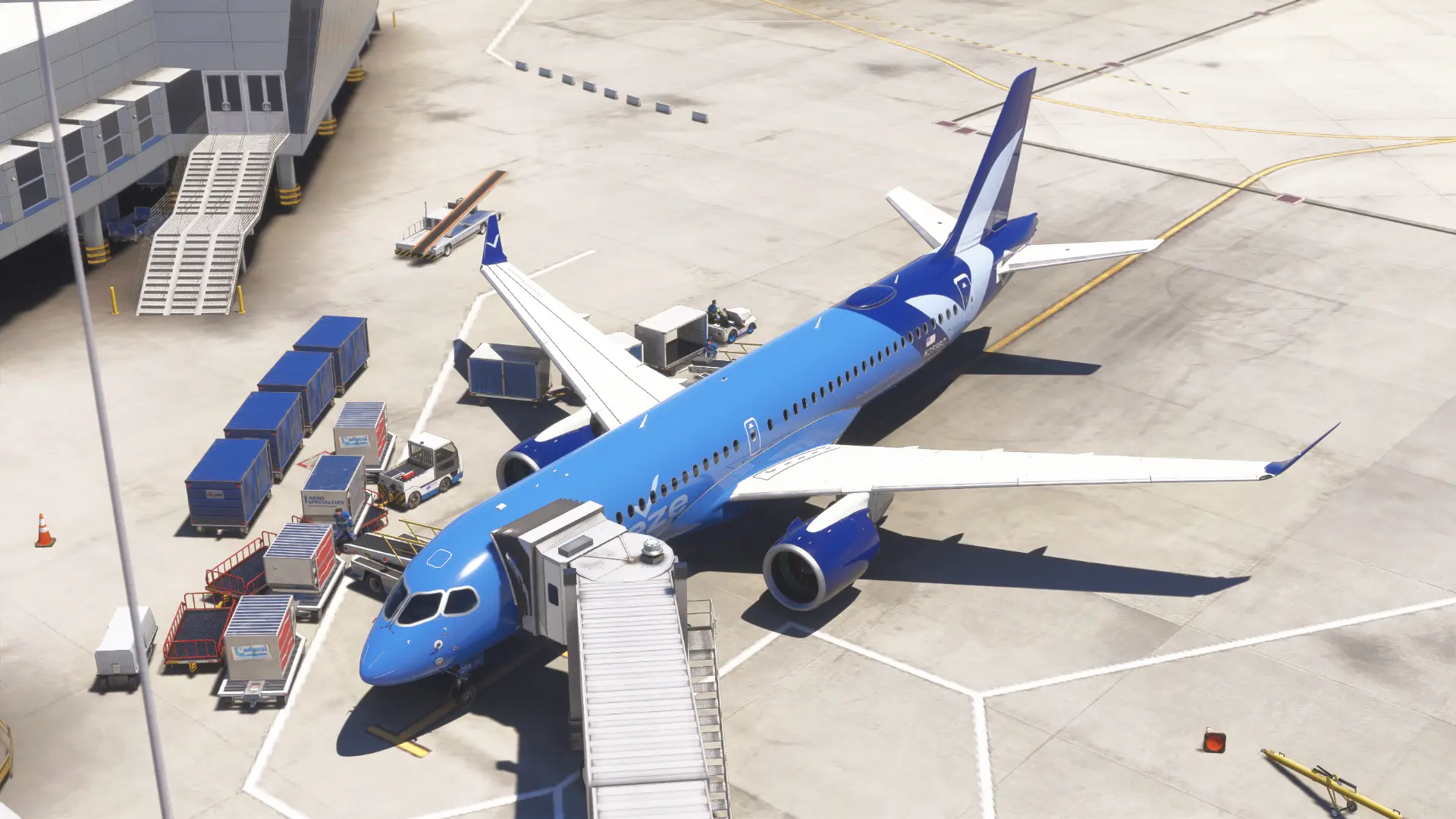 Breeze Airbus A220-300 at the gate with ground crew in flight simulator