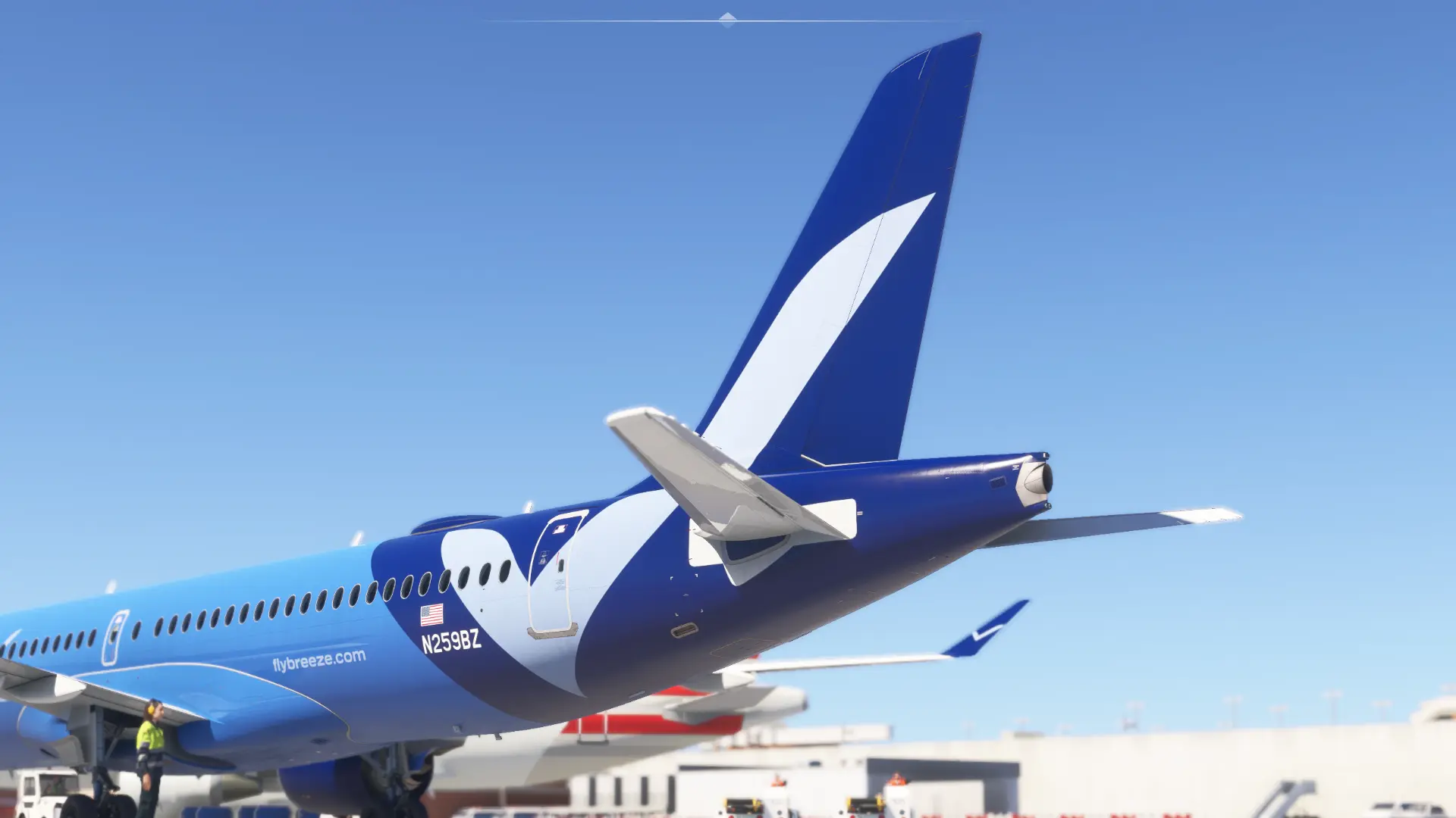 Close-up of the Breeze A220 tail and livery in flight simulator
